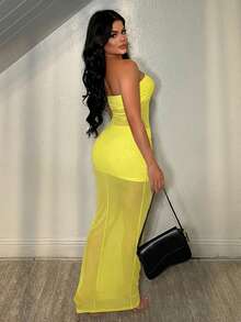 Vestido transparente de unicolor sin tirantes y sin mangas, sexy - amarillo ganso - Ver 2