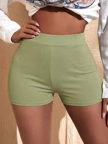 SHEIN SXY 春夏黑色宽腰摩托车紧身短裤 - 綠色 - 查看 4