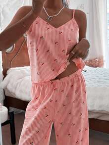 Women's Bubble Crinkle Striped Cherry Print Camisole & Pants Pajama Set - Coral Pink - View 3