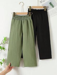 SHEIN Sparklyn 2条装少女纯色抽绳休闲裤，适合度假和户外旅行 - 彩色 - 查看 2