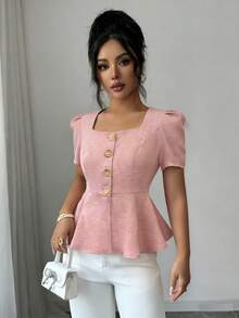 Elenzga Áo sơ mi nữ thanh lịch, thoải mái, họa tiết, cổ vuông, thích hợp cho kỳ nghỉ hoặc sinh hoạt hàng ngày. - Hồng - Xem 4