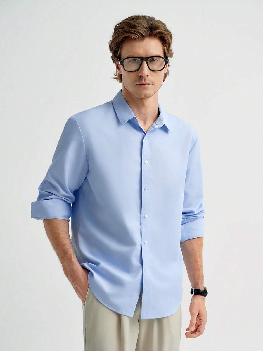 MENRIVO Solid Color Front Button Long Sleeve Shirt, For Fall - Baby Blue - View 1