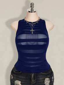 SHEIN ICON Blusa casual versátil de uso diario con parches de malla transparente para mujer de talla grande - Azul Marino - Ver 3