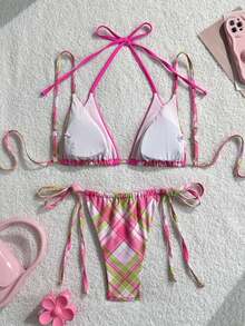 Swim Vcay New Arrival Spring/Summer Plaid Contrast Color Trim Triangle Cup Tie-Up Swimwear Set For Women,2-In-1 Design Bikini Golf White Sexy - Multicolor - View 3