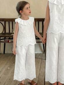 LMoss Kids 2pcs Young Girl Woven Solid Color Embroidered Ruffle Collar Camisole And Long Pants Set - White - View 8