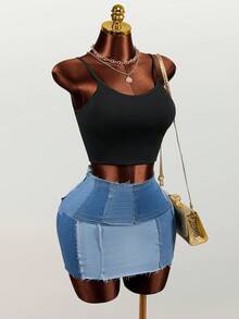 Mistrie Women's Frayed Hem Casual Denim Pencil Skirt - Blue - View 8