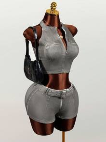 Mistrie Women's Tight Casual Denim Shorts With Corn Callus Buckle Design - Grey - View 1