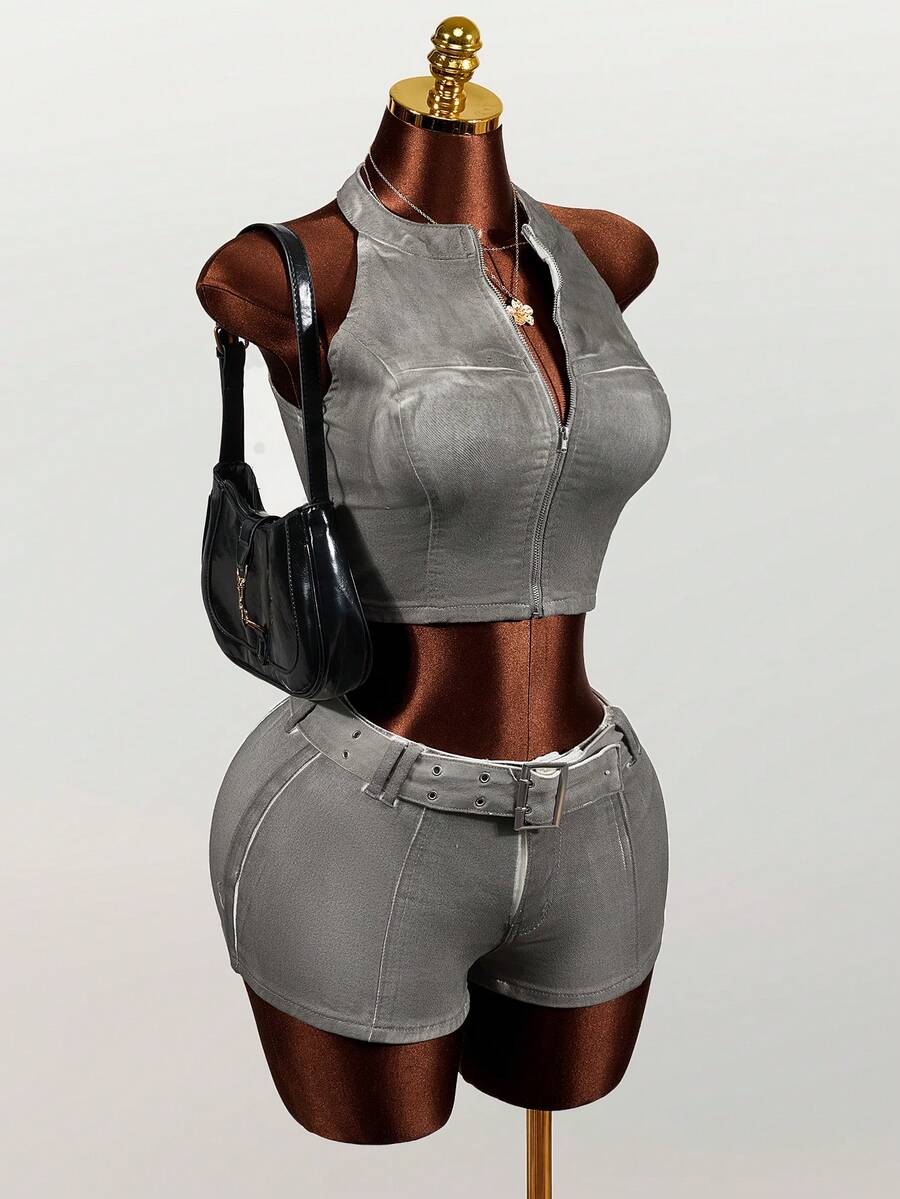 Mistrie Women's Tight Casual Denim Shorts With Corn Callus Buckle Design - Grey - View 1