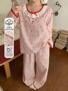 DAZY 2pcs Sweet Ditsy Floral Embroidered Ruffle Collar Contrast Trim Loose Pajama Set For Women, Spring - Baby Pink - View 3