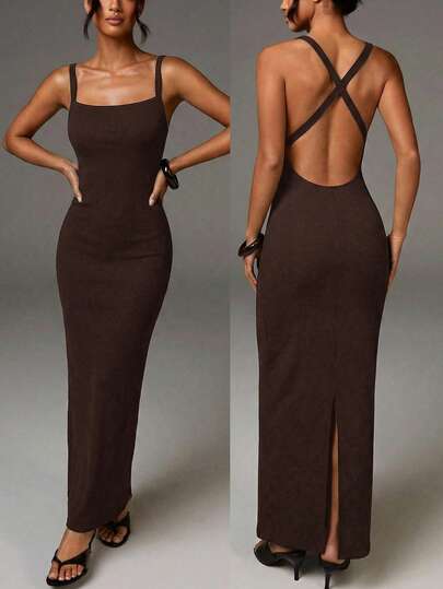 Athîral Đầm nữ màu trơn hở lưng, dây chéo