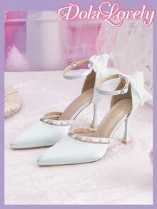 Dola Lovely Giày cao gót mũi nhọn bằng satin màu xanh nhạt đính ngọc trai dành cho nữ, có quai lưới, kiểu dáng thanh lịch. - Màu xanh nhạt - Xem 2