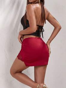 Glamine Minifalda sexy de cintura baja con parches de encaje asimétricos, falda con abertura en el muslo, falda roja, falda de bikini, falda con ribete de encaje, minifalda, falda con inserciones de encaje, falda estilo Y2K, conjuntos de verano sexy para mujer, faldas envolventes para mujer, conjuntos de verano para mujer, conjuntos de vacaciones para mujer - Rojo - Ver 2