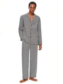 Rest Era Black & White Plaid Logo Elastic Collar Pajama Set For Men, Winter Clothes - Multicolor - View 5