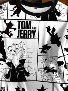 TOM & JERRY X SHEIN 男士卡通动物印花圆领短袖T恤，夏季休闲装 - 白色 - 查看 5