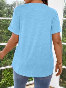 大码纯色半开襟袖口亨利领T恤粉色T恤粉色T恤粉色上衣女款 - 藍色 - 查看 2