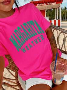 DrmWander 女士印花T恤，休闲街头风短袖T恤，可爱夏季上衣 - 玫紅色 - 查看 4