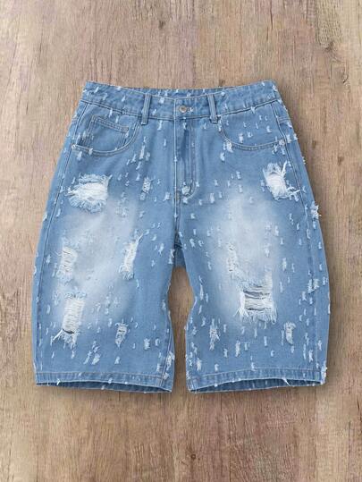Manfinity Joysei Vintage American Style Crochet Distressed Denim Shorts