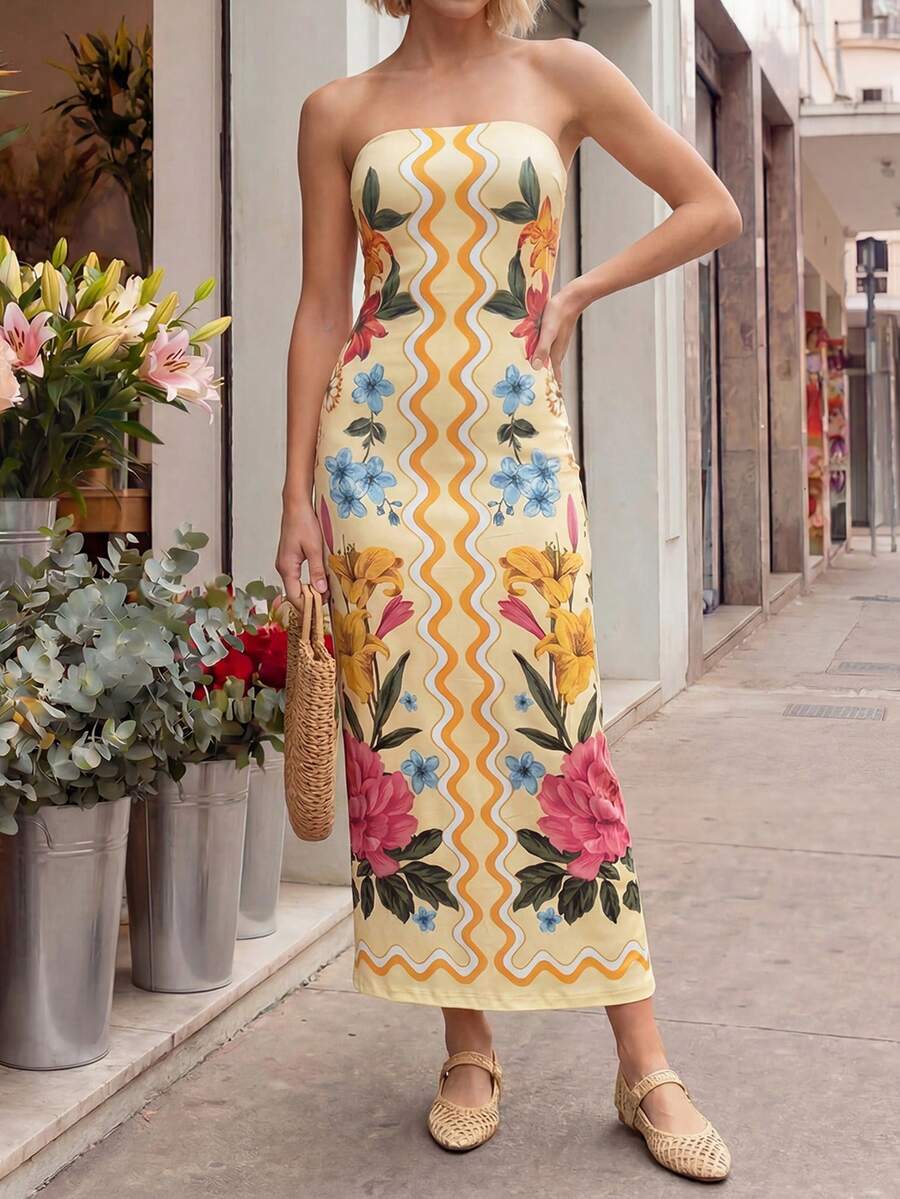 CAJUNI Strapless Retro Slim-Fit Fashionable Floral Pattern Summer Long Dress - Yellow - View 1