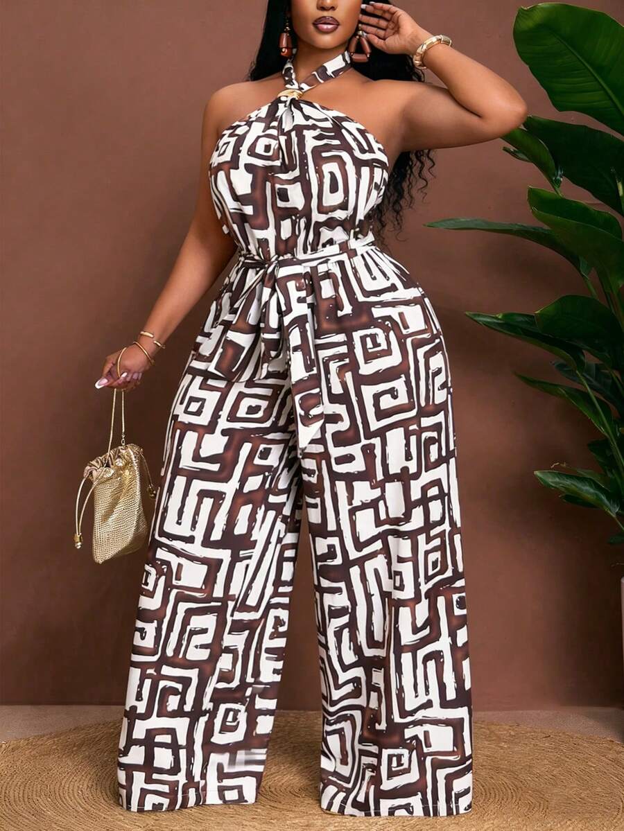 Slaydiva Frühlings-/Sommer-Neuheit, locker sitzender ärmellose Jumpsuit mit Trägerhalsband, Taillenbindung und weitem Bein, abstraktes geometrisches Muster, Wickelkleid in Große Größen für Damen, Rabattcode für Damenkleider "Wow Dress", Jumpsuit in Große Größen, Palazzo-Jumpsuit in Große Größen