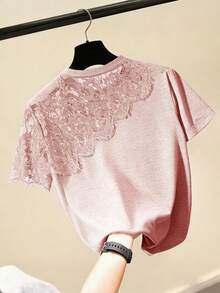 SHEIN Clasi Áo thun nữ cổ tròn tay ngắn phối ren kiểu dáng thường ngày - Đỏ - Xem 2