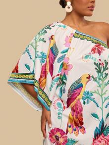 Travachic Đầm ngắn dáng rộng, vai lệch, họa tiết thực vật nhiệt đới, màu xanh navy, thích hợp cho mùa hè và mùa thu. - Nhiều màu - Xem 6