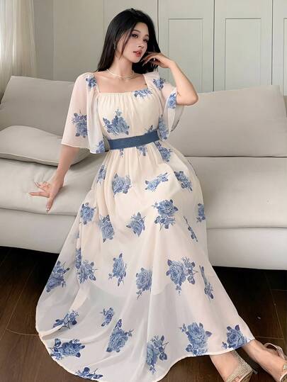 DAZY 春夏休闲优雅蕾丝拼接碎花收腰长连衣裙