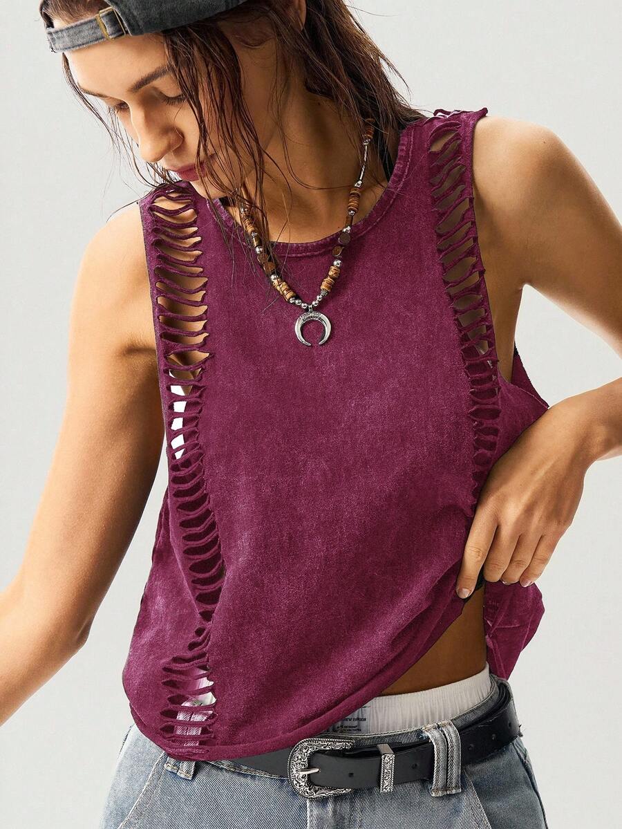 Bohemela Áo tank top dệt kim màu trơn dáng ngắn dành cho nữ - Màu đỏ tím - Xem 1
