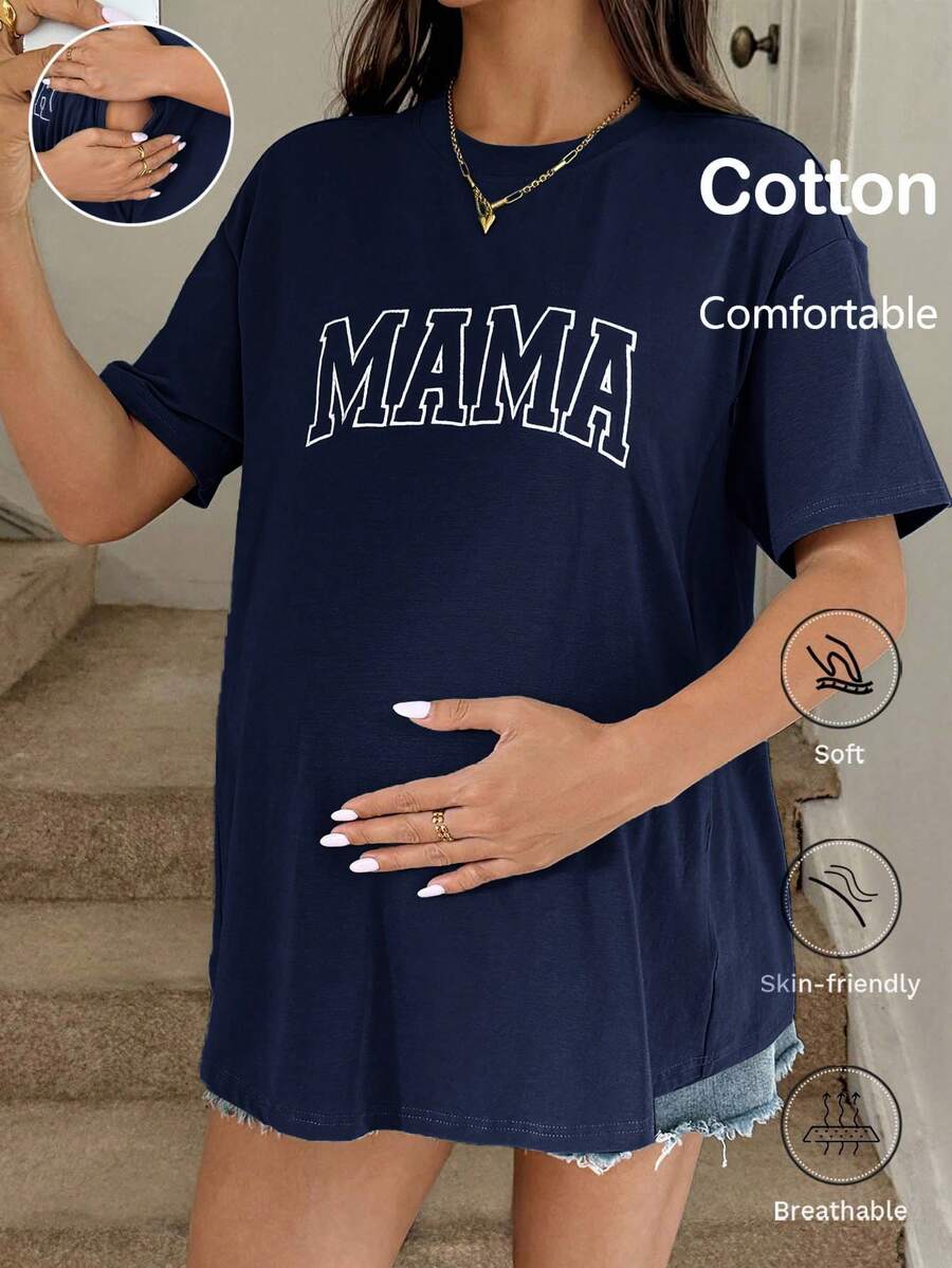 SHEIN Áo thun ngắn tay cổ tròn in chữ, thích hợp cho bà bầu và cho con bú, kiểu dáng thường ngày, mùa hè. - Màu xanh hải quân - Xem 1
