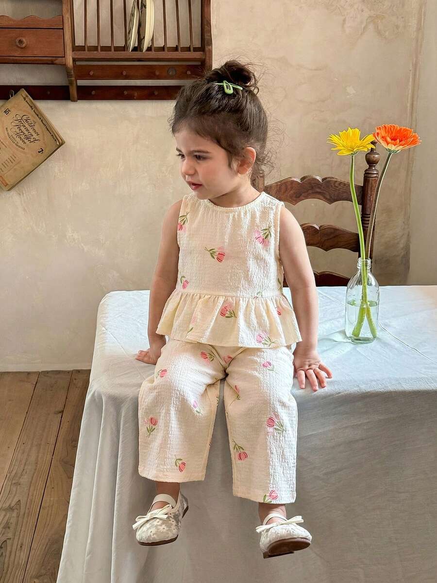 LMoss Kids Baby Girl Woven Plaid Ruffle Trim Casual Shirt And Loose Woven Wide Leg Pants Set - Multicolor - View 1