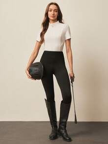 WanderVale 女士纯色休闲百搭打底裤，适合日常穿着 - 黑色 - 查看 5