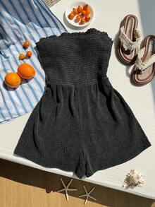 Comfortcana Plus Size Vintage Distressed Strapless Jumpsuit, Suitable For Summer Vacation - Black - View 4