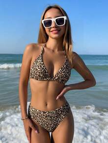SHEIN Teen Girl Leopard Print Spaghetti Strap Crop Top And Bottom Bikini Swimsuit Set, Summer Holiday - Apricot - View 7