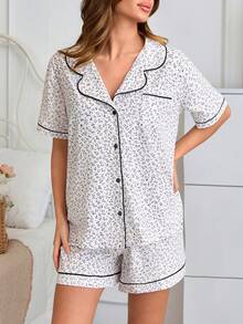 SHEIN Women's Cotton Floral Print Pajama Set Short Sleeve Button-Up Top & Shorts Contrast Piping Summer Sleepwear - Multicolor - View 4