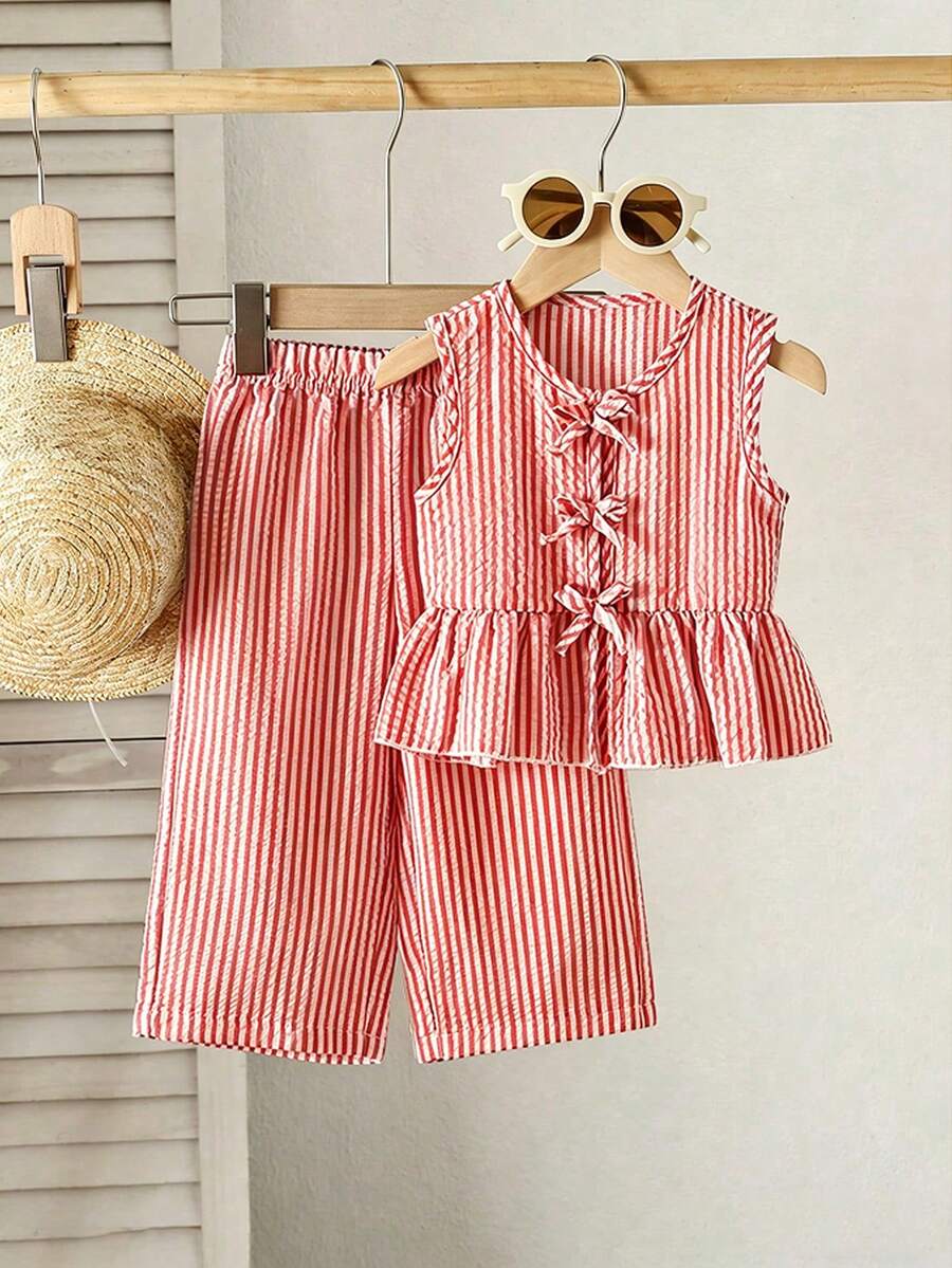 SHEIN Playful Pals 2件套女婴幼儿/新生儿0-3岁春夏休闲甜美日常度假条纹梭织无袖上衣和阔腿裤两件套 - 彩色 - 查看 1