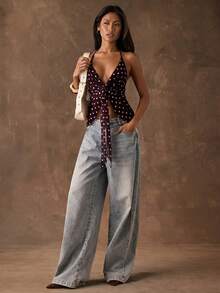 SHEIN BAE 女士浪漫度假性感复古波点褶皱系带V领露背吊带背心，适合假日约会、下午茶、海滩、邮轮、城市度假、婚礼季、音乐节、波西米亚风度假 - 紫紅色 - 查看 6