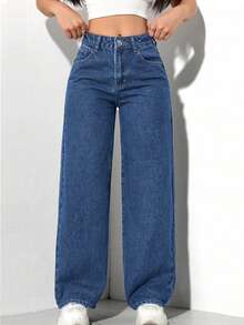 Plus Size Women Loose Fit Pockets Wide Leg Casual Jeans - Dark Wash - View 1