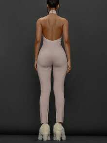 MUSERA Figurbetonter Jumpsuit mit hohem Kragen und Caprihose, geeignet für Ausgang, Alltag, Nachtleben, sexy Streetwear, Esky-Party, elegant, schick, Frühling, Sommer, Urlaub - Khaki - Übersicht 2