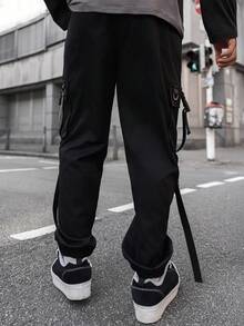 Artur Kramer 男士链条细节翻盖口袋侧工装裤，长款工装裤黑色裤子，适合送给老公、男朋友的礼物，秋季 - 黑色 - 查看 2