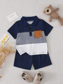 SHEIN 男嬰休閒可愛熊刺繡徽章不對稱條紋短袖 Polo 衫與短褲套裝，適合夏季 - 彩色 - 查看 1