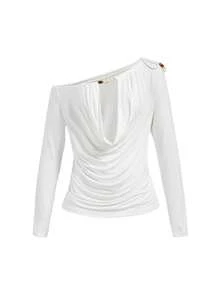 ROMWE Avant Beaded Loose Slouchy Draped Neck Women Top - White - View 1