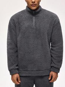 Rest Era Men's Solid Color Half-Placket Zip Long Sleeve Loungewear Top, Fluffy Winter - Grey - View 1