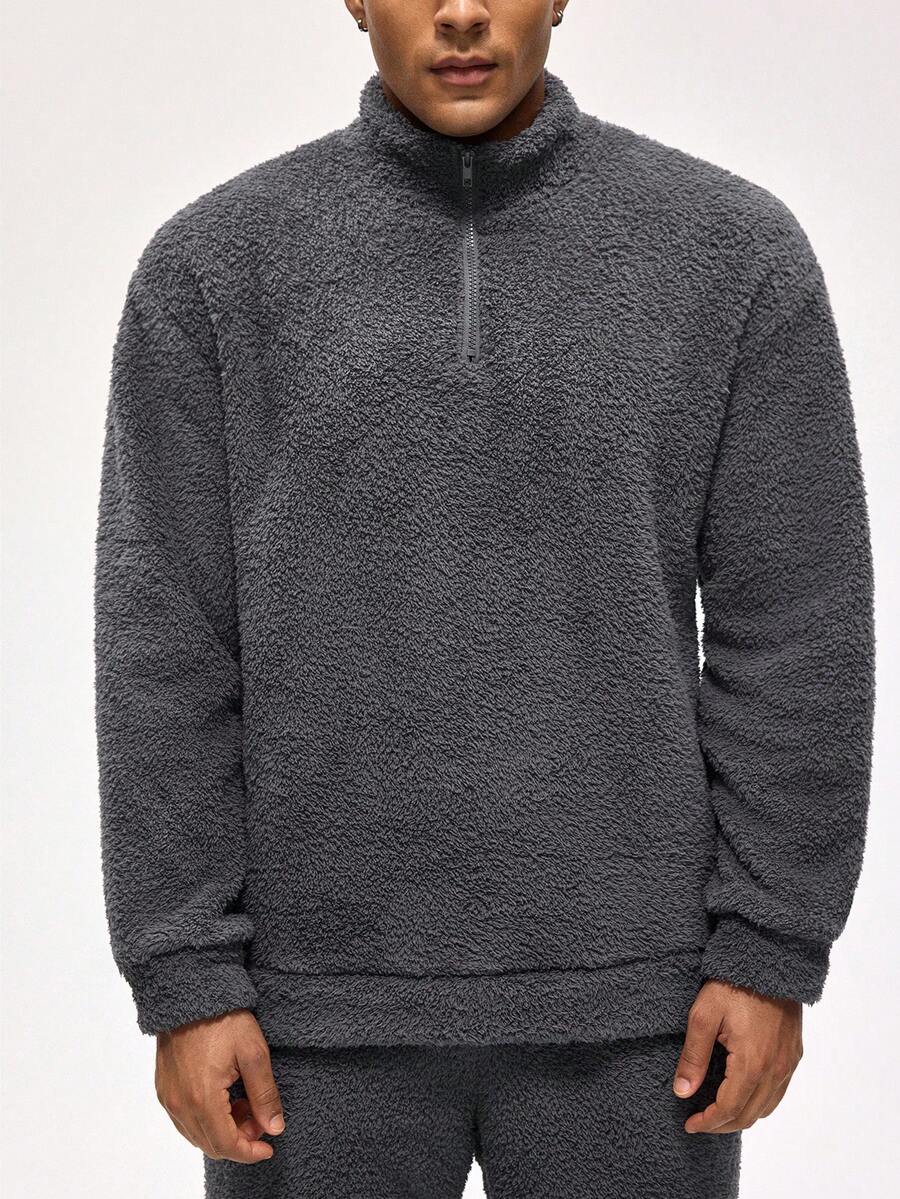 Rest Era Men's Solid Color Half-Placket Zip Long Sleeve Loungewear Top, Fluffy Winter - Grey - View 1