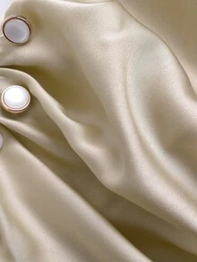 GlowEve CURVE Plus Size Women's Spring/Summer Solid Color Satin V-Neck Flattering Ruffle Trim Short Sleeve Gathered Elegant Versatile Blouse - Beige - View 5