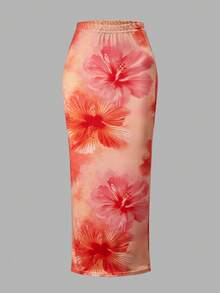 Teen Girl Floral Print Camisole Top And Midi Skirt Set, Beach Vacation - Orange - View 3