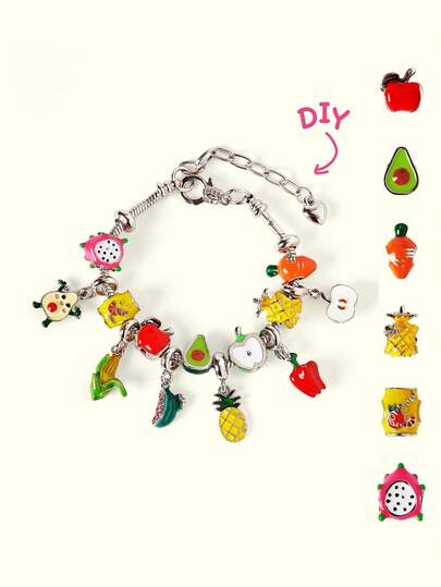 Popjeli DIY Charm, Cute Fruit Charm Bracelet, Apple, Dragon Fruit, Carrot, Banana, Pineapple,Y2K/Cute/Colorful/Chic,For Mom/Women/Girl/Mother,Summer/Beach/Prom/Part/Vacation/Travel,PINK,Heart