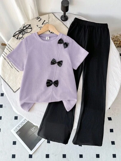 SHEIN 2pcs/Set Tween Girls Cute Fashion Casual Black Bow Decor Textured Waffle Short Sleeve T-Shirt T-Shirt + Black Slim Elegant Flare Pants Outfit
