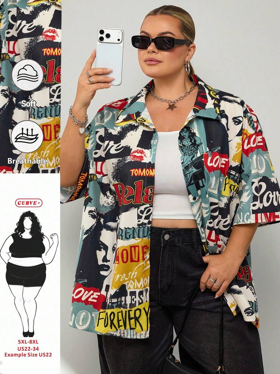 SHEIN CURVE+ Áo thun ngắn tay kẻ caro dáng rộng phong cách sinh viên, thời trang vintage mùa xuân/hè dành cho nữ, in họa tiết đường phố. - Nhiều màu - Xem 1