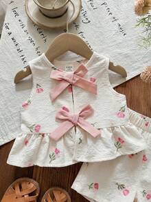 LMoss Kids 女婴可爱碎花吊带背心和松紧腰短裤套装，夏季 - 彩色 - 查看 4