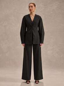 CLARA VERO Women's Hidden Button Waist Cinching Lantern Sleeve Split Hem Blazer And Wide Leg Pants 2 Pieces Set - Black - View 4