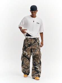 PAVTROS 男士复古街头风休闲时尚宽松版型全身树枝印花工装裤 - 卡其色 - 查看 6